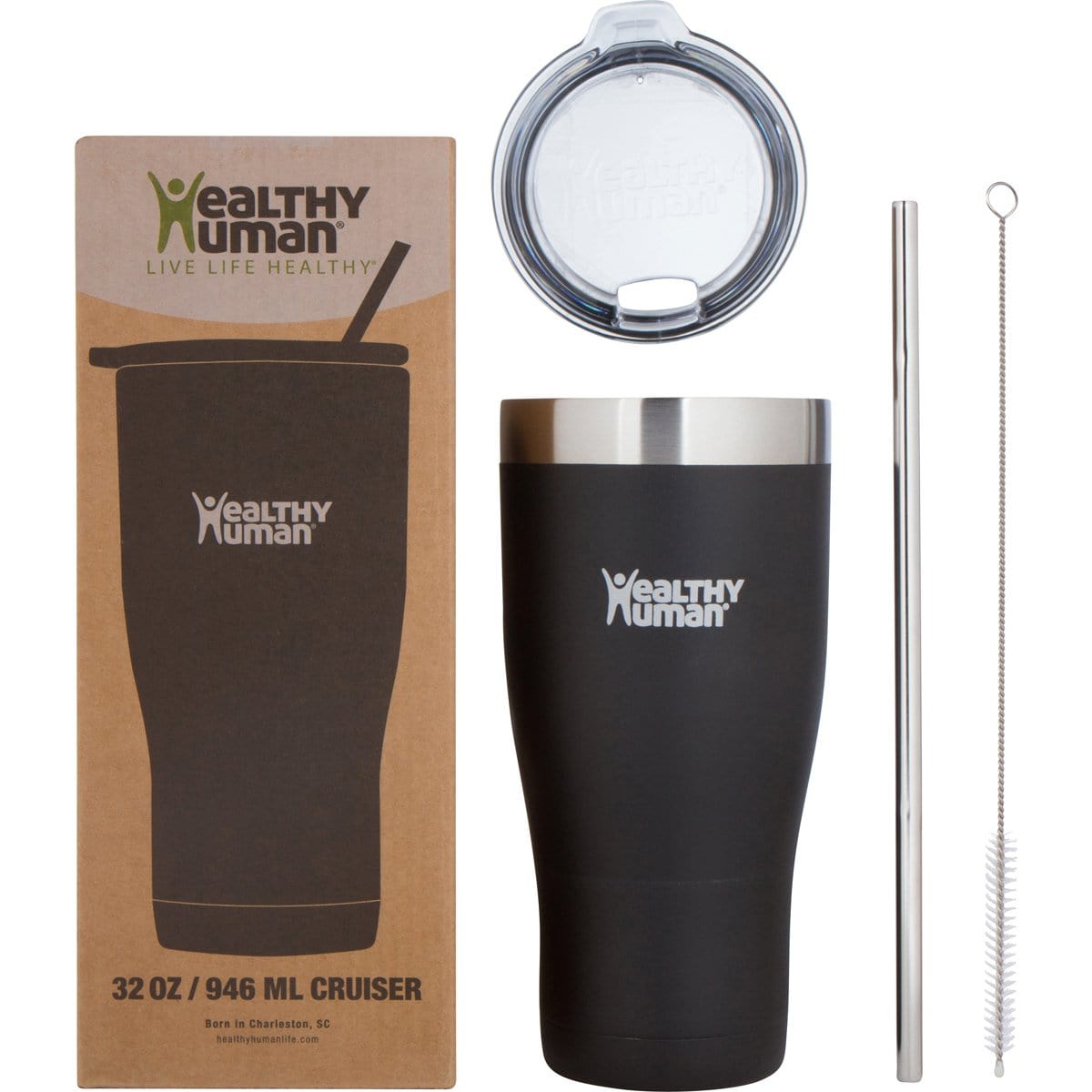 Healthy Human 32 Oz Tumbler Travel Cruiser Cup with Straw | Pure Black