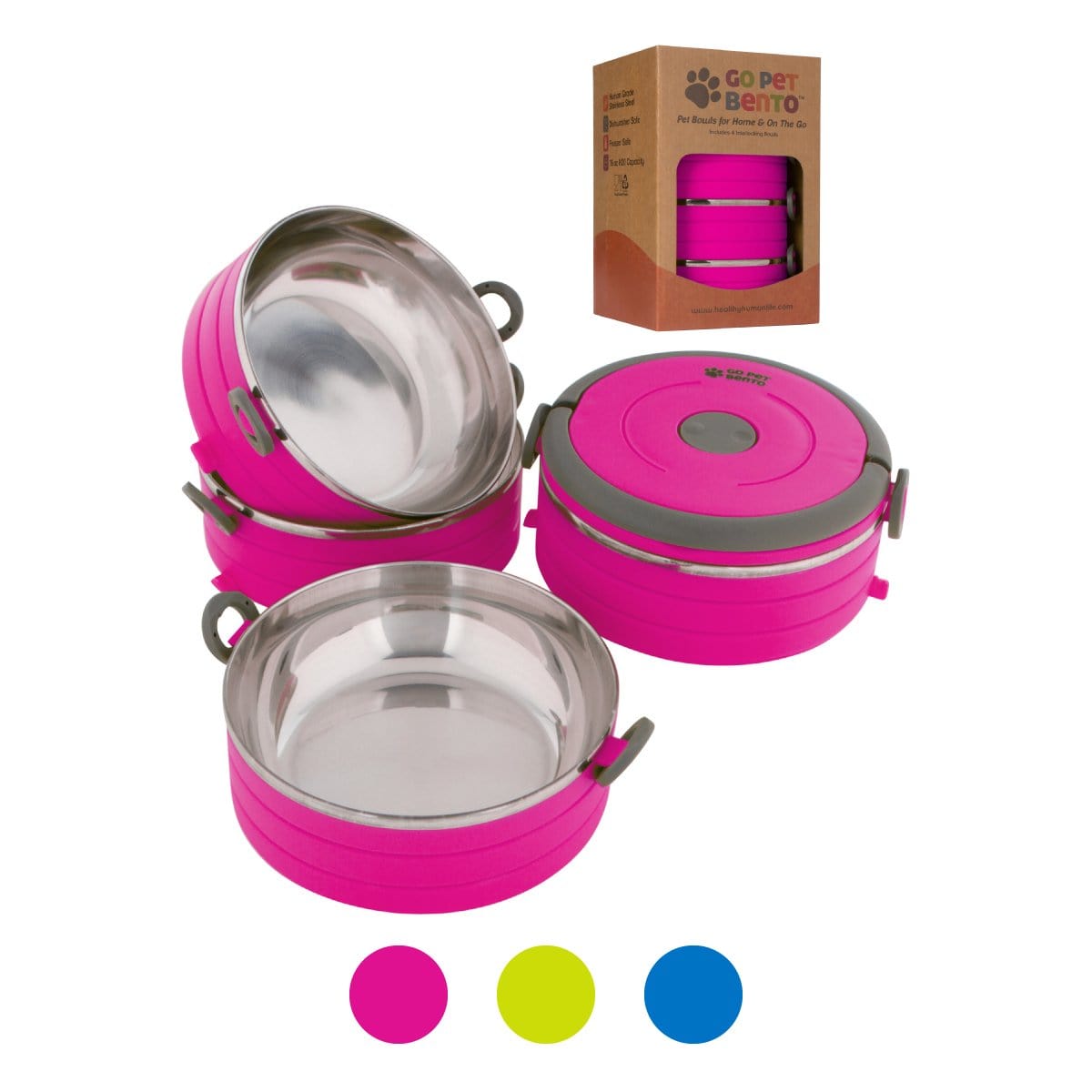 Healthy Human Travel Dog Bowls, Stainless Steel Portable Bento Bowls,  Interlocking Set of 2 Bowls with Spare Clips and Handle, Ideal for Small to