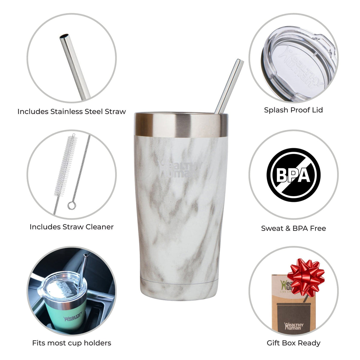 20 oz Stainless Steel Tumbler w/ Handle, Lid, Straws Insulated Travel Mug  -Other